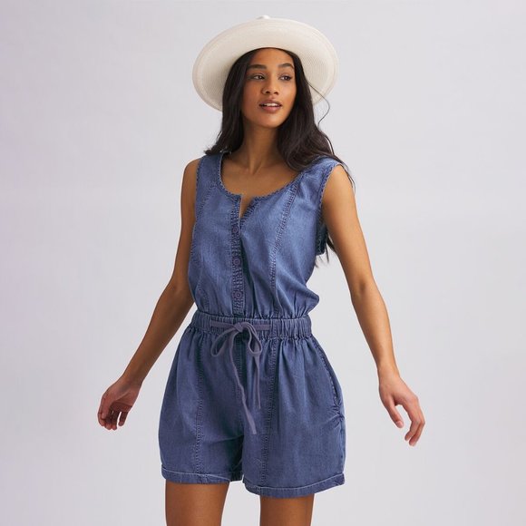 BASIN AND RANGE Pants - basin+range Blue Jean Denim Romper Shorts Sz XS Drawstring Chambray Sleeveless